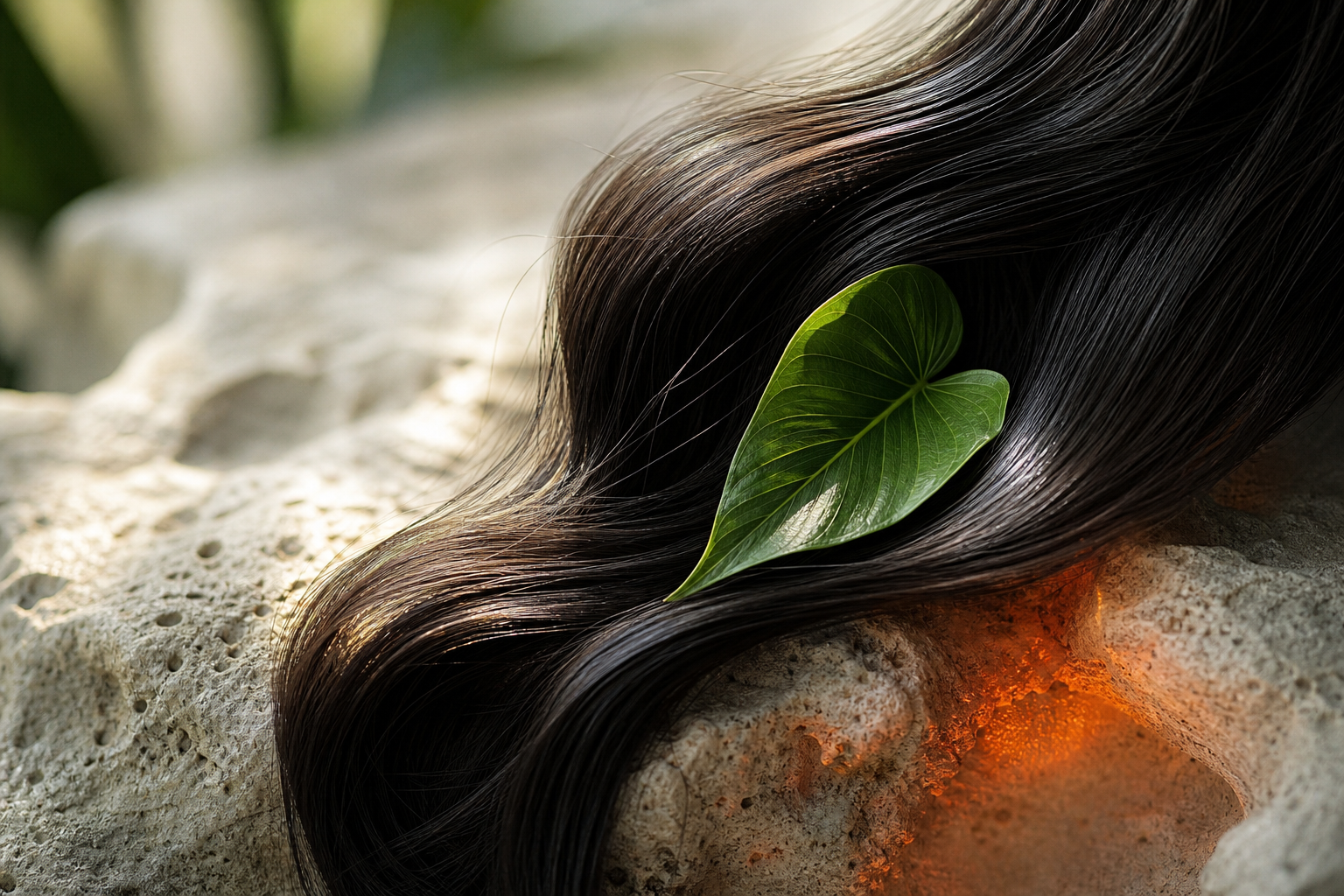 Detailed view of healthy dark hair with botanical styling