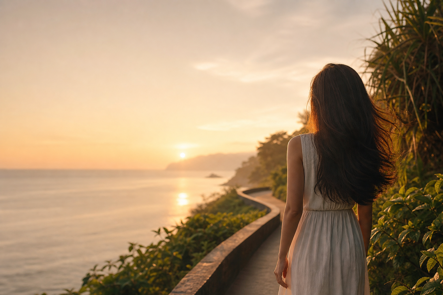 Woman walking on a coastal path at sunrise